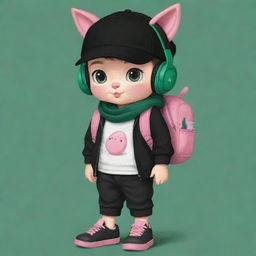 An adorable cute drawing of a boy wearing a black cap, pink cat headphones, a black t-shirt marked with 'R', black pants, green shoes, a dark green scarf, and an egg backpack.