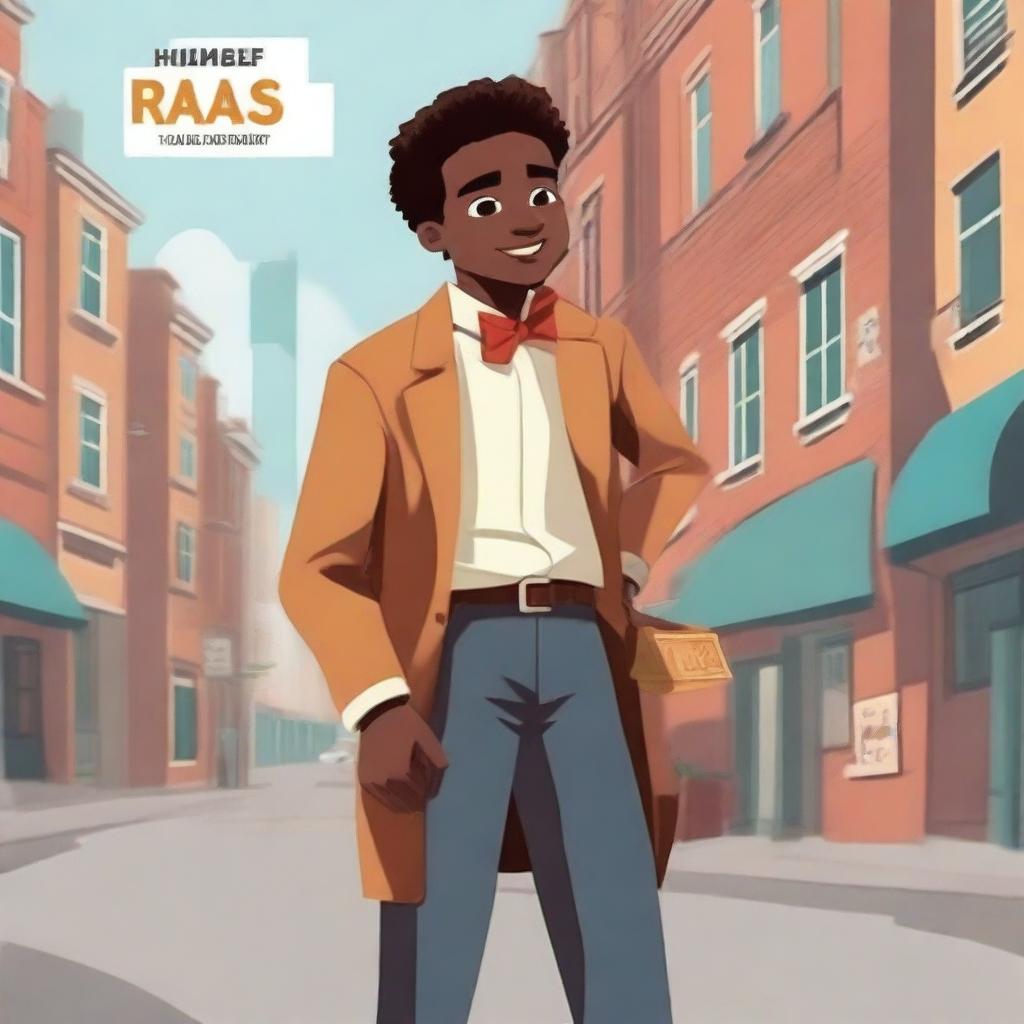 Create an animated style book cover for a fictional financial story titled 'From Rags to Riches: The Journey of Lucas'