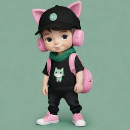 An adorable cute drawing of a boy wearing a black cap, pink cat headphones, a black t-shirt marked with 'R', black pants, green shoes, a dark green scarf, and an egg backpack.