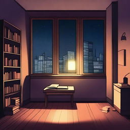 Create a book cover illustration set in a dark, poorly furnished studio apartment at night