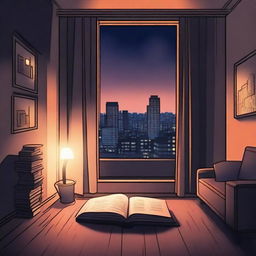 Create a book cover illustration set in a dark, poorly furnished studio apartment at night