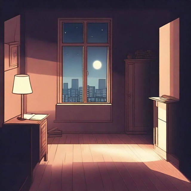 Create a book cover illustration set in a dark, poorly furnished studio apartment at night