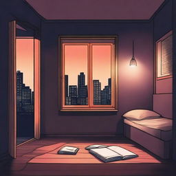 Create a book cover illustration set in a dark, poorly furnished studio apartment at night