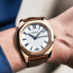 The watch features a 42mm heptagonal case with equal sides and a thickness of 15mm, crafted from rose gold