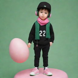 A captivating cute illustration of a boy in a black cap, pink headphones, a black 'R' T-shirt, black pants, green shoes, adorned with a dark green scarf, and carrying an egg-shaped backpack.