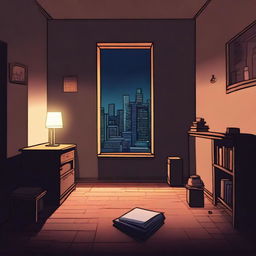 Create a book cover illustration set in an older, dark, and poorly furnished studio apartment at night