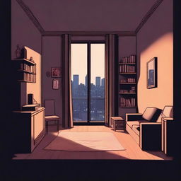 Create a book cover illustration set in an older, dark, and poorly furnished studio apartment at night