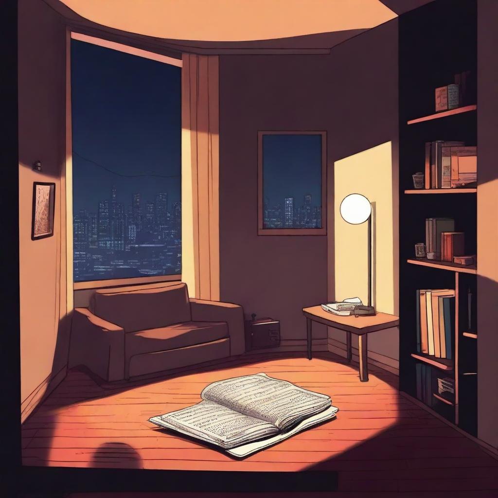 Create a book cover illustration set in an older, dark, and poorly furnished studio apartment at night