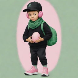 A captivating cute illustration of a boy in a black cap, pink headphones, a black 'R' T-shirt, black pants, green shoes, adorned with a dark green scarf, and carrying an egg-shaped backpack.