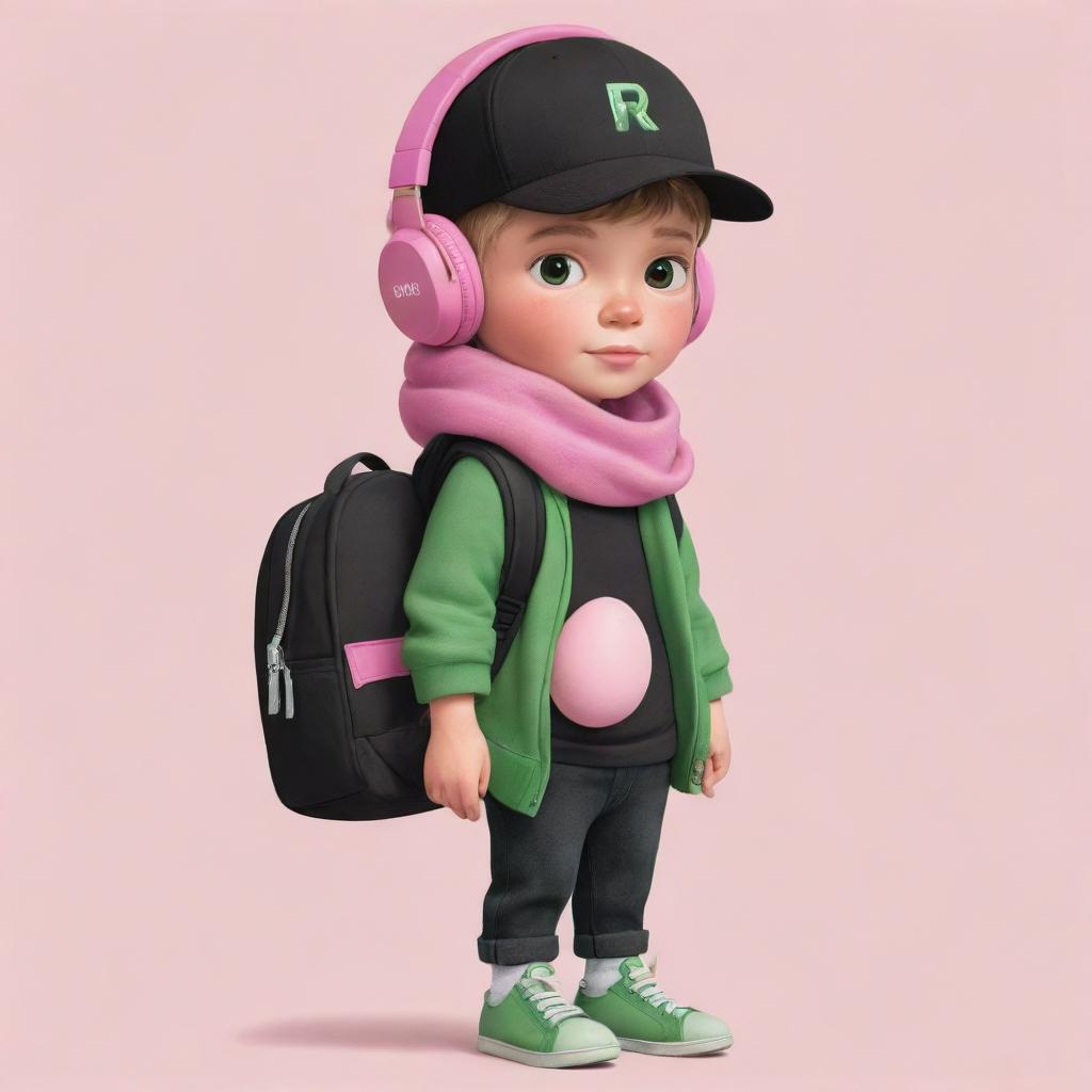 A captivating cute illustration of a boy in a black cap, pink headphones, a black 'R' T-shirt, black pants, green shoes, adorned with a dark green scarf, and carrying an egg-shaped backpack.