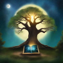 Create a captivating book cover featuring a mystical forest with an ancient, glowing tree at the center