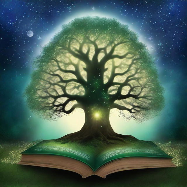 Create a captivating book cover featuring a mystical forest with an ancient, glowing tree at the center