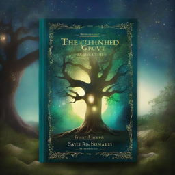 Create a captivating book cover featuring a mystical forest with an ancient, glowing tree at the center