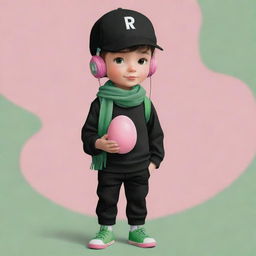 A captivating cute illustration of a boy in a black cap, pink headphones, a black 'R' T-shirt, black pants, green shoes, adorned with a dark green scarf, and carrying an egg-shaped backpack.