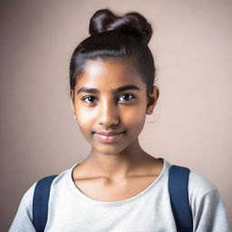 A portrait of an Indian teenage girl with her hair in a bun, wearing a tight t-shirt