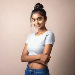 A portrait of an Indian teenage girl with her hair in a bun, wearing a tight t-shirt