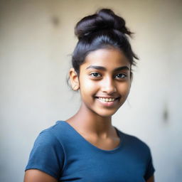 A portrait of an Indian teenage girl with her hair in a bun, wearing a tight t-shirt