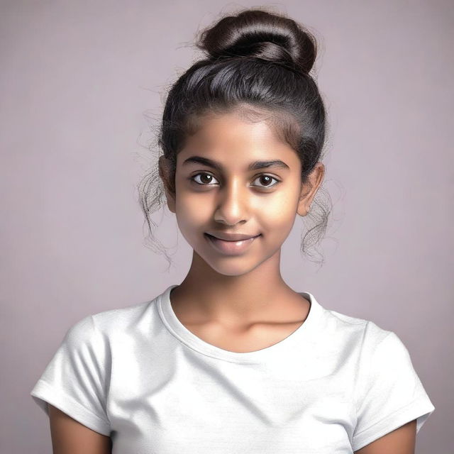 A portrait of an Indian teenage girl with her hair in a bun, wearing a tight t-shirt