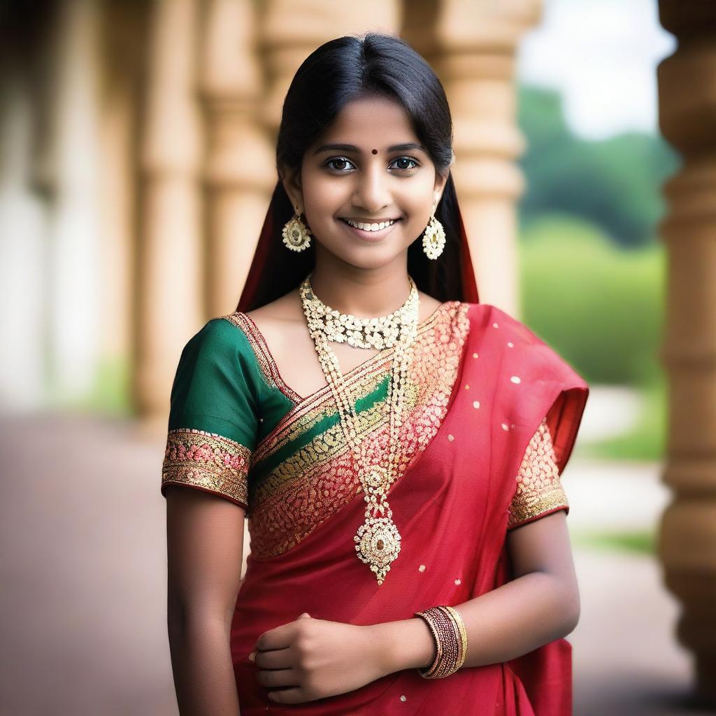 A teenage girl of Indian descent, depicted in a tasteful and respectful manner, wearing traditional Indian attire