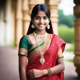 A teenage girl of Indian descent, depicted in a tasteful and respectful manner, wearing traditional Indian attire