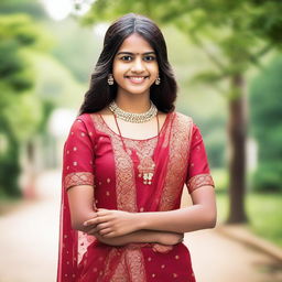 A teenage girl of Indian descent, depicted in a tasteful and respectful manner, wearing traditional Indian attire