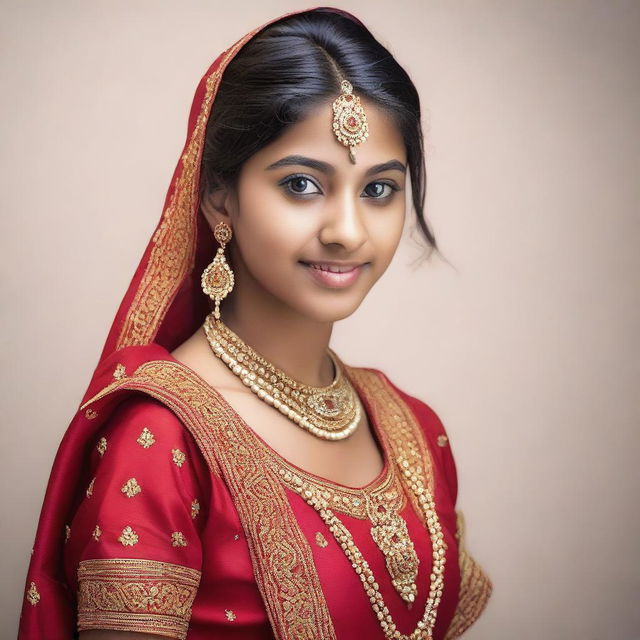 A teenage girl of Indian descent, depicted in a tasteful and respectful manner, wearing traditional Indian attire