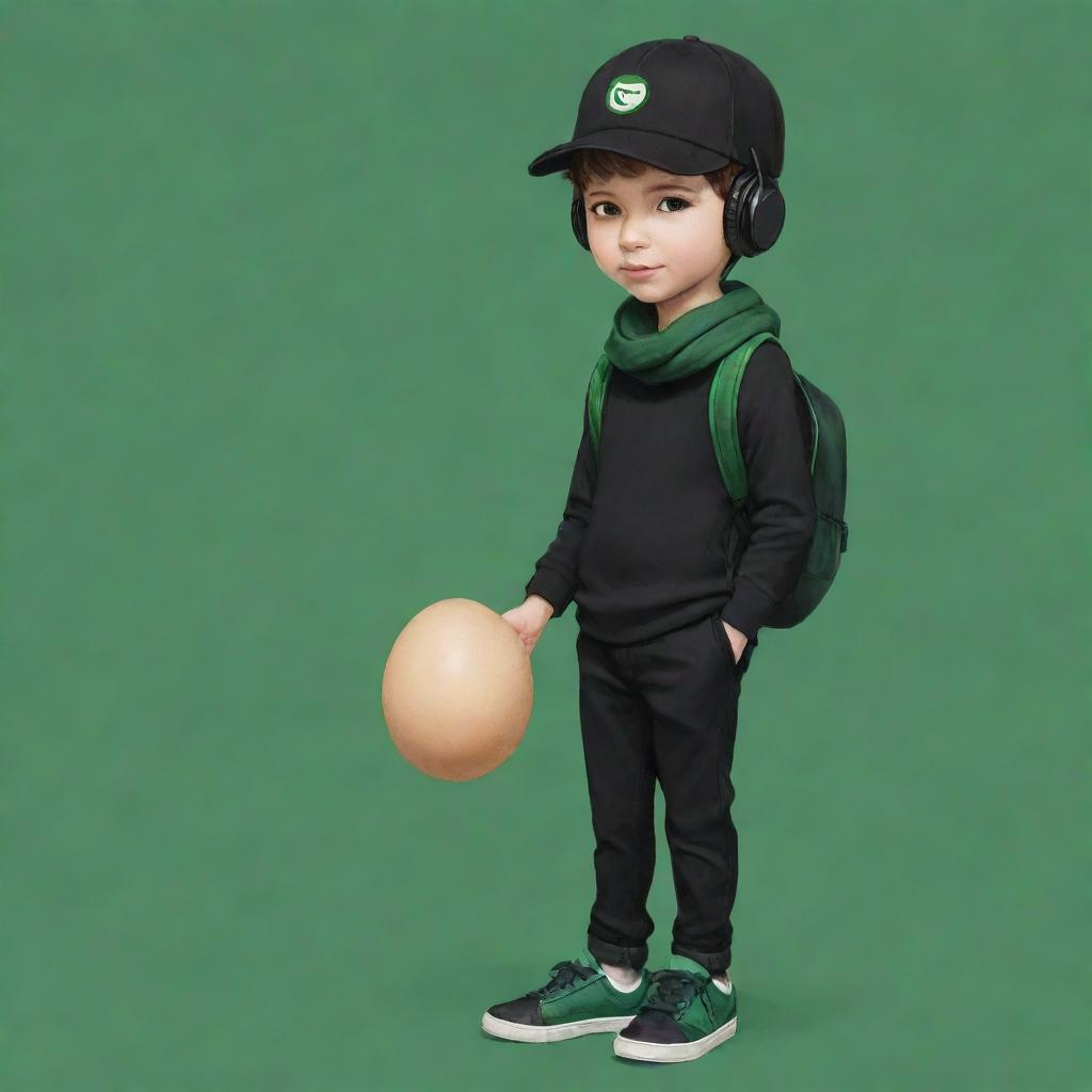 A cute drawing of a boy wearing a black cap, black headphones, a black T-shirt with an 'R', black pants, and green shoes, complemented with a dark green scarf and carrying an egg-shaped backpack.