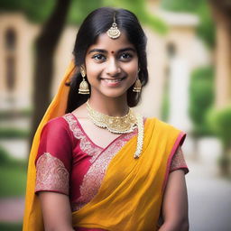 A teenage girl of Indian descent, depicted in a tasteful and respectful manner, wearing traditional Indian attire