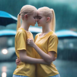 Two girls standing in the rain, wearing yellow t-shirts and white leggings