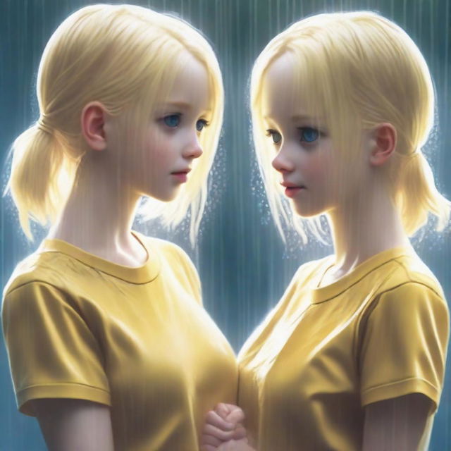 Two girls standing in the rain, wearing yellow t-shirts and white leggings