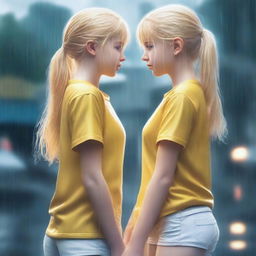 Two girls standing in the rain, wearing yellow t-shirts and white leggings