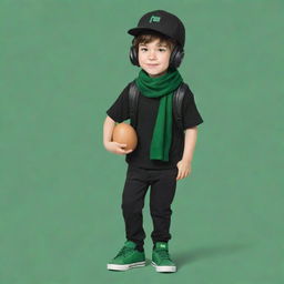 A cute drawing of a boy wearing a black cap, black headphones, a black T-shirt with an 'R', black pants, and green shoes, complemented with a dark green scarf and carrying an egg-shaped backpack.