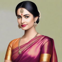 A confident and dominant woman wearing a traditional sari, exuding power and grace