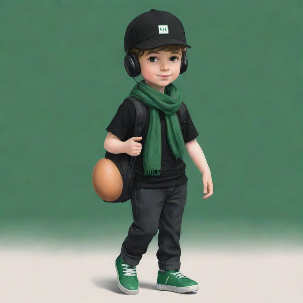 A cute drawing of a boy wearing a black cap, black headphones, a black T-shirt with an 'R', black pants, and green shoes, complemented with a dark green scarf and carrying an egg-shaped backpack.