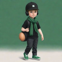 A cute drawing of a boy wearing a black cap, black headphones, a black T-shirt with an 'R', black pants, and green shoes, complemented with a dark green scarf and carrying an egg-shaped backpack.