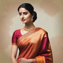 A confident and dominant woman wearing a traditional sari, exuding power and grace