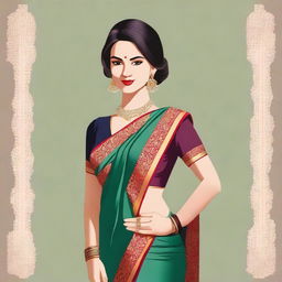 A confident and dominant woman wearing a traditional sari, exuding power and grace