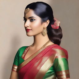 A confident and dominant woman wearing a traditional sari, exuding power and grace