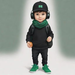 A cute drawing of a boy wearing a black cap, black headphones, a black T-shirt with an 'R', black pants, and green shoes, complemented with a dark green scarf and carrying an egg-shaped backpack.