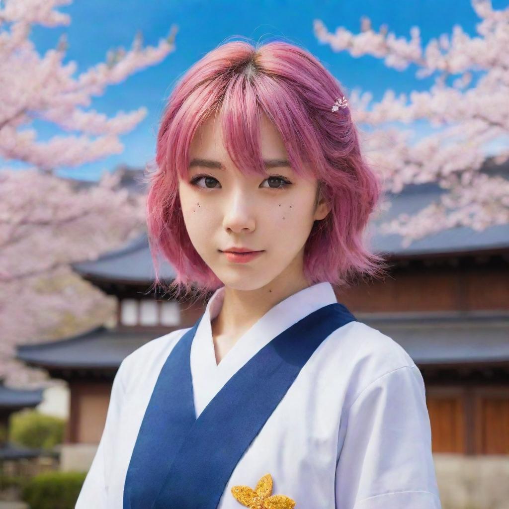 An anime girl with vibrant hair and starry eyes, wearing a traditional Japanese school uniform, with a scenic background of cherry blossoms and old-style Japanese buildings.