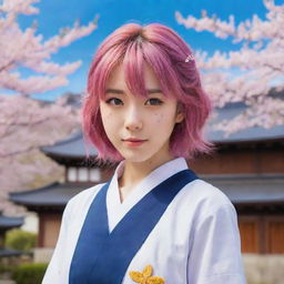 An anime girl with vibrant hair and starry eyes, wearing a traditional Japanese school uniform, with a scenic background of cherry blossoms and old-style Japanese buildings.