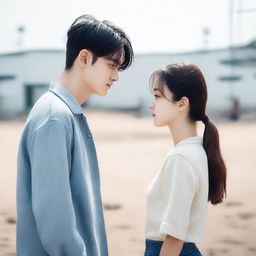 Kim Mingyu and a girl standing together but not looking at each other