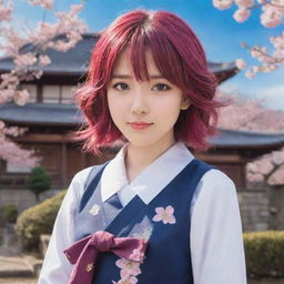 An anime girl with vibrant hair and starry eyes, wearing a traditional Japanese school uniform, with a scenic background of cherry blossoms and old-style Japanese buildings.