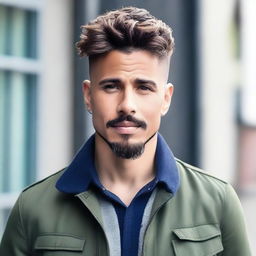 A stylish man with a mid burst fade haircut, featuring slightly long wavy hair on top and a well-groomed goatee