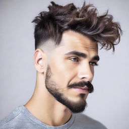 A stylish man with a mid burst fade haircut, featuring slightly long wavy hair on top and a well-groomed goatee