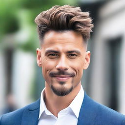 A stylish man with a mid burst fade haircut, featuring slightly long wavy hair on top and a well-groomed goatee