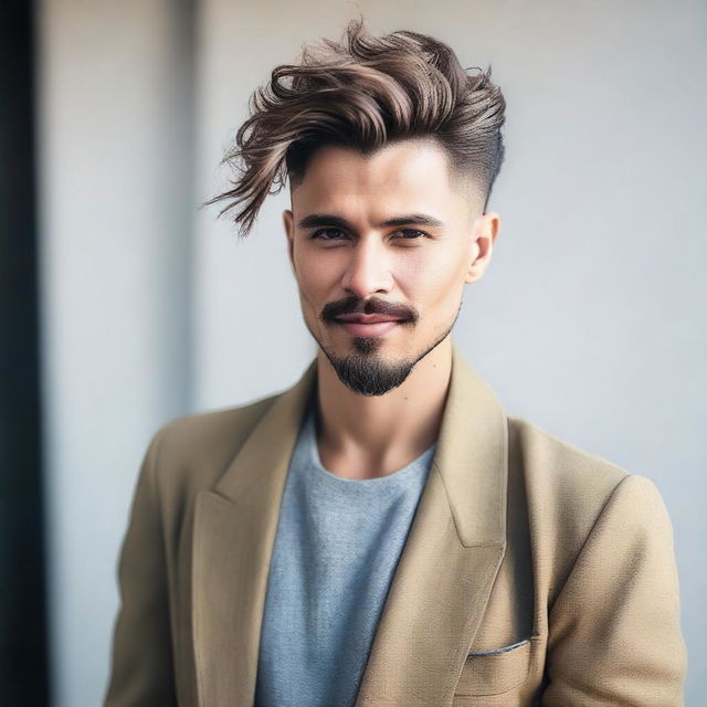 A stylish man with a mid burst fade haircut, featuring slightly long wavy hair on top and a well-groomed goatee