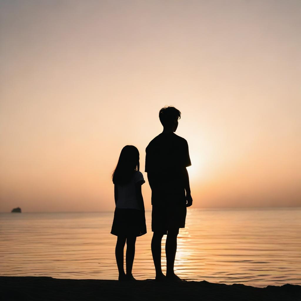 Kim Mingyu and a girl facing the beach at sunset, appearing as black silhouettes