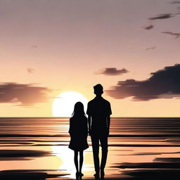 Kim Mingyu and a girl facing the beach at sunset, appearing as black silhouettes