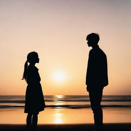 Kim Mingyu and a girl facing the beach at sunset, appearing as black silhouettes